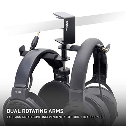 ADV. Dual Suspension Headphone Stand – Floating Headset Stand with 360° Rotating Arm, Adjustable Clamp for Desk/Table, Steel Metal Holder, 3.5mm Jack Mount, Universal Fit, [Black] - color: Black