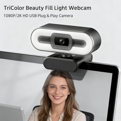 2K Webcam for PC with Microphone & Noise Cancellation, 1200P HD, Auto Focus, 120° Wide Angle, 3-Level Beauty Fill Light, Plug & Play USB Camera for Streaming, Conferencing, Calling (Black)