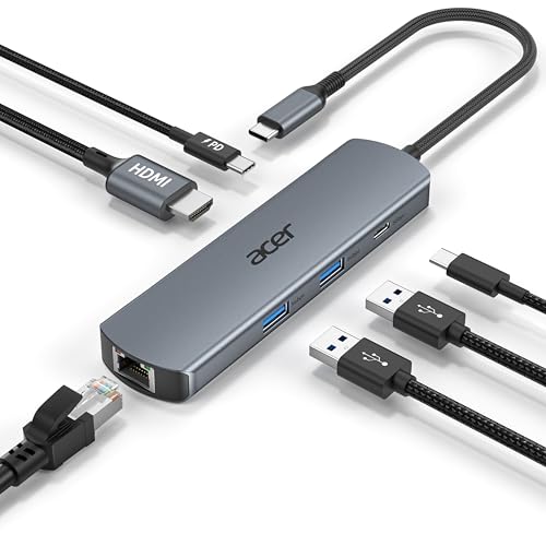 acer 6 in 1 USBC Hub with Ethernet, 4K@60Hz USBC to HDMI Multiport Adapter | 2*USB-A 3.0 & 1*USB-C 3.0 Data Ports, 100W PD Port, USB C Dongle for MacBook Neo/Pro M5/Air, Acer, iPad, iPhone 17/16/15