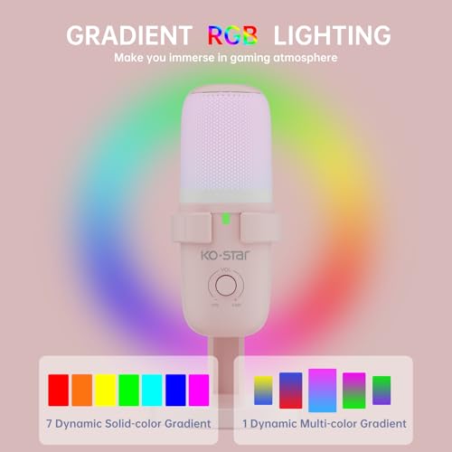 Pink USB Condenser Microphone for Gaming, PC Mic with 2 Pickup Patterns, RGB Light, Tap-to-Mute, 96KHz/24Bit for Streaming Podcast YouTube Recording, Plug & Play for PS4 PS5 Computer Accessories