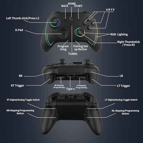 ROTOMOON HD151-S Wireless Game Controller with 7 Colors LED Lighting Compatible with Xbox One S/X, Xbox Series S/X, with 2.4G Wireless Adapter, 3.5mm Audio Jack Gaming Gamepad, Turbo/Programmable - color: Dark black