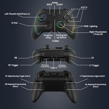 ROTOMOON HD151-S Wireless Game Controller with 7 Colors LED Lighting Compatible with Xbox One S/X, Xbox Series S/X, with 2.4G Wireless Adapter, 3.5mm Audio Jack Gaming Gamepad, Turbo/Programmable - color: Dark black