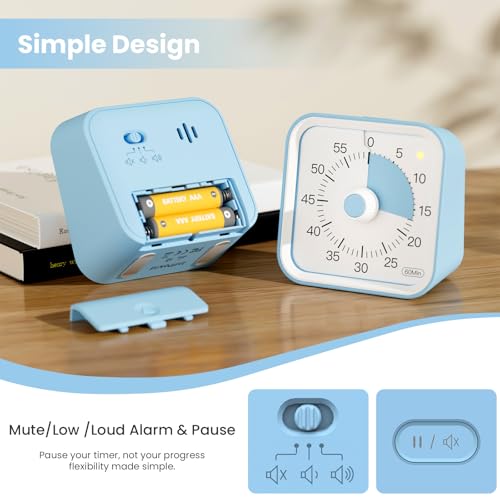 Visual Timer for Kids, Cute Timer with Pause Function, Blue | Time Management for Classroom, ADHD, Kitchen, Toddlers, Study, Alarm 3 Volume Levels, Light Indicator, Easy to Use - color: Blue