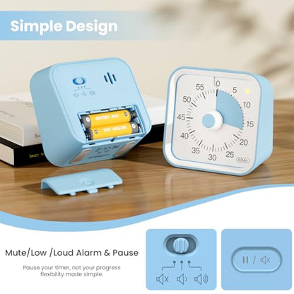 Visual Timer for Kids, Cute Timer with Pause Function, Blue | Time Management for Classroom, ADHD, Kitchen, Toddlers, Study, Alarm 3 Volume Levels, Light Indicator, Easy to Use - color: Blue