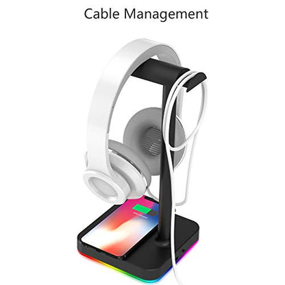 KAFRI RGB Headphone Stand with Wireless Charger Desk Gaming Headset Holder Hanger Rack with 10W/7.5W QI Charging Pad and QC 3.0 USB Port - Suitable for Gamer Desktop Table Game Earphone Accessories - color: Black