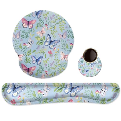 Ergonomic Keyboard Mouse Pad Wrist Rest Support Set for Laptop/Computer/Desktop,Memory Foam Hand Rest Wrist Cushion for Gaming/Office,Lightweight Comfortable & Pain Relief (Butterflies) - color: Butterflies