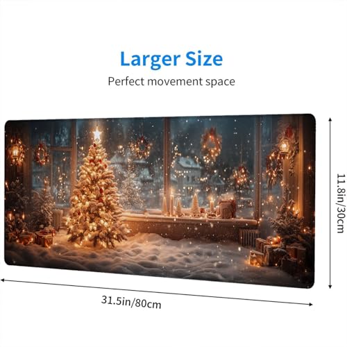 Christmas Tree Gaming Mouse Pad Desk Pad Candlelight Garland Snow Scene Large Gaming Mouse Mat with Stitched Edges,Non-Slip Waterproof Rubber Base Mouse Mat 31.5"x11.8" - color: Christmas-tree, size: 31.5" x 11.8"