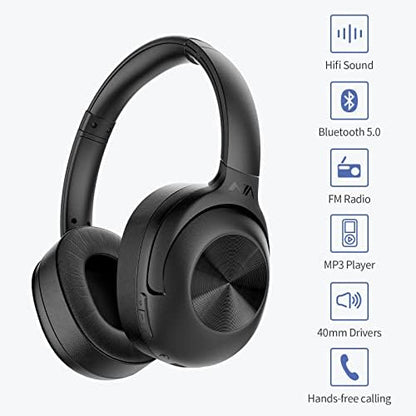 FM Radio Over Ear Headphones, Micro SD Card 30 Hrs Playtime Wireless and Wired Headphones with Deep Bass, Foldable Lightweight Headset with Built-in Microphone for Travel, Home Office