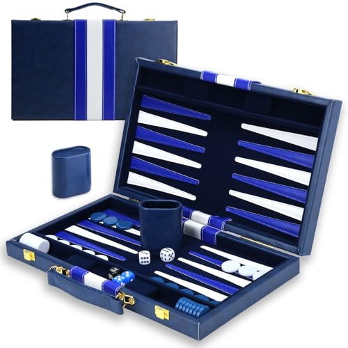 Large Backgammon Sets for Adults - Classic Board Games for 2 Players Adults and Kids - Premium Backgammon Set 15 inch Board and 30 Backgammon Pieces in Quality PU Leather Case - Gift for Man (Blue) - color: Blue
