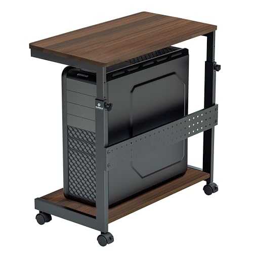 EUREKA ERGONOMIC PC Stand Computer Cart, Height Adjustable Tower Stand 2-Tier Suit for ATX Case Printer, Metal Rolling Cart on Wheels for Gaming Home Office, Walnut - color: Walnut