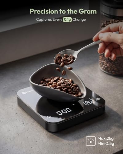 Maestri House S2 Espresso Coffee Scale with Timer 0.1g Precision Shot Scale | USB-C Rechargeable, Dual Timing Modes, 2kg/0.1g Digital Scale with Borosilicate Glass Top for Espresso and Pour-Over Brewing - color: Black