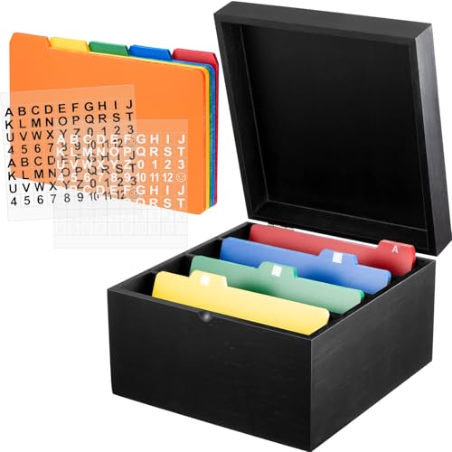 Henoyso 5 x 8 Inch Index Card Holder Set, Bamboo Organizer Box with 50 Dividers & 2 Sheets Alphabet Number Stickers File Note Holders, Holds 1200 Cards for Office Business Home Kitchen, Black - color: Black, size: 5 x 8 Inches