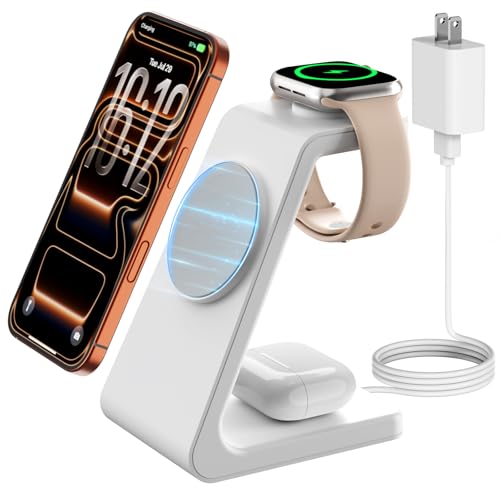 Magsafe Wireless Charging Station for iPhone: Certified 15W Fast Charging Station, 3 in 1 Magnetic Charger Stand for iPhone 17/16/15/14/13/12 Series, Apple Watch, AirPods 4/3/Pro - color: pearl white