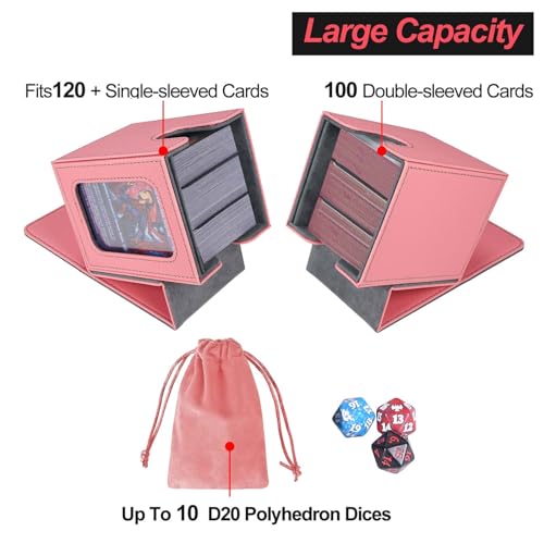AFIING MTG Deck Box for Commander Display,Card Deck Box Fits 100 Double Sleeved Cards, Magic Commander TCG Card Storage Box with 2 Dividers,Drawstring Bag and 1 Toploader(Pink/grey) - color: Commander Pink Grey