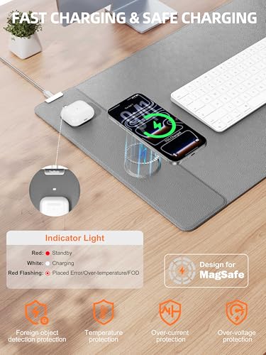 TopMade Mouse Pad with 15W Wireless Charging, XXL Large Leather Desk Mat, Waterproof Gaming Mousepad Home Office Desk Pad Protector, Gray (Includes 20W PD Power Adapter & 6.56ft Woven Cable) - color: Gray With Adapter