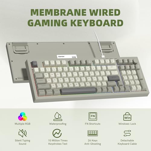 womier DK98 Retro Wired Gaming Keyboard Creamy Membrane with Rainbow RGB Backlight - Quiet,Volume Knob,PBT Keycap 97 Key ANSI Layout Compatible with Windows 10/8.1/8/7 (Grey)