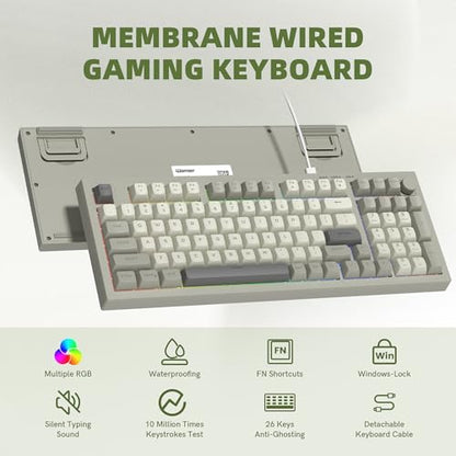 womier DK98 Retro Wired Gaming Keyboard Creamy Membrane with Rainbow RGB Backlight - Quiet,Volume Knob,PBT Keycap 97 Key ANSI Layout Compatible with Windows 10/8.1/8/7 (Grey)
