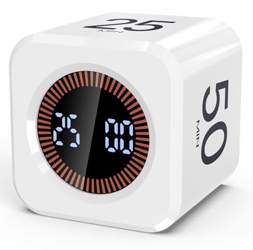 Digital Pomodoro Timer Cube 5/10/25/50min Preset, Silent & Sound Alarm | Visual Productivity Flip Timer for Kids Classroom Desk, Custom Countdown, Gravity Sensor, for ADHD Study Work Game Kitchen - color: White