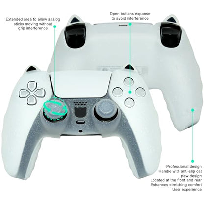 White Cat Glitter Anti-Slip Protective Silicone Cover Skin Grips Compatible with PS5/Slim/Pro Controller,8 PCS Glitter Thumb Grips Caps and 2 Paw Grips Caps. (Cat White) - color: Cat White