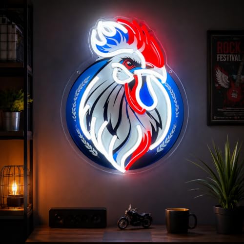 French Rooster Neon Sign, Gallic Rooster LED Neon Light for Wall Decoration | USB-powered, dimmable LED neon lights are ideal for decorating French bistros, sports bars, and French-style home spaces. - color: laia+red