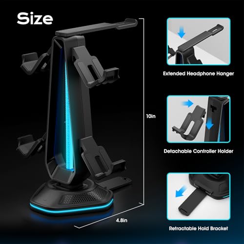 Saitake RGB Controller Stand, Gaming Controller Holder with 9 Light Modes, 2 USB Charging Ports, Headset Stand, Desk Organizer for Xbox PS5 PS4 Switch PC, 4 Controllers & 1 Headphone (Black) - color: Black