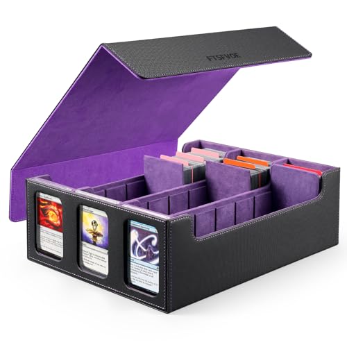 Trading Card Storage Box, Bulk Card Storage for 2400+ Sleeved Cards | 3-Row Card Organizer box, PU leather removable magnetic lid, 24 dividers and 3 Stoppers, Fit for MTG, TCG and Sports Cards - color: Black&Purple, size: 2400+