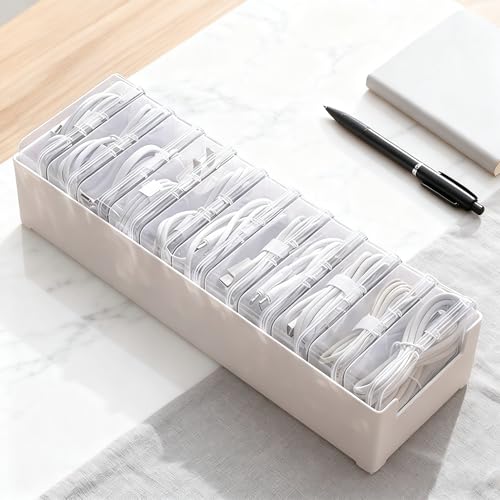 11 Grid Clear Cable Organizer Box with Switch for Desktop Cord Storage | Office desktop use, home wire sorting, stationery storage, detachable dividers, tidy cable arrangement - color: 11 BOX