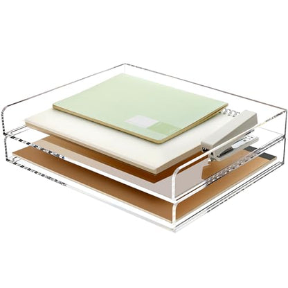 2 Pack- Stackable Paper Letter Tray, A4 File Tray Desk Organizer, Acrylic Desk Organizers and Accessories Sorter, Clear Workspace Office Supplies Organizers, 12.4inx8.86inx3.46in - style: Thin 2 Tier Trays