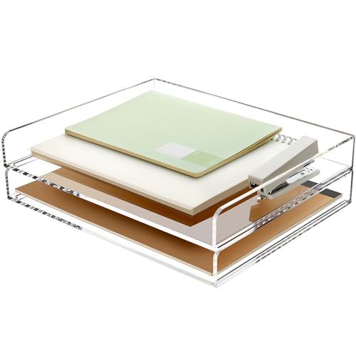 2 Pack- Stackable Paper Letter Tray, A4 File Tray Desk Organizer, Acrylic Desk Organizers and Accessories Sorter, Clear Workspace Office Supplies Organizers, 12.4inx8.86inx3.46in - style: Thin 2 Tier Trays