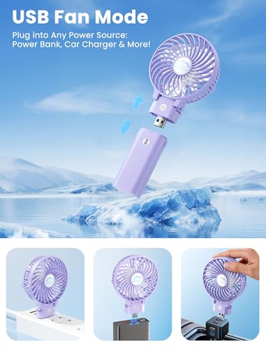 HandFan 5200mAh Handheld Fan Rechargeable, 20H Runtime Hand Fan, 3 Speeds Strong Airflow, Personal 180° Foldable Portable Fans for Travel/Summer/Concerts/Lash/Commute, Gifts for Women (Purple) - color: Clear‑Blade Purple