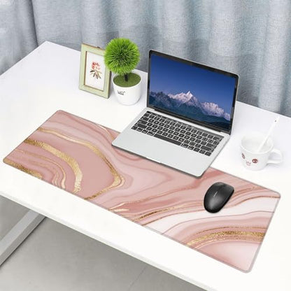 Large Mouse Pads for Desk, Extended Marble Gaming Mousepad for Women Office Gifts, Funny XL Big Stitched Waterproof Nonslip Computer Mats Deskmat for Keyboard, (Pink Gold Striped, 31.5 * 11.8 in) - color: Pink Gold Striped Marble