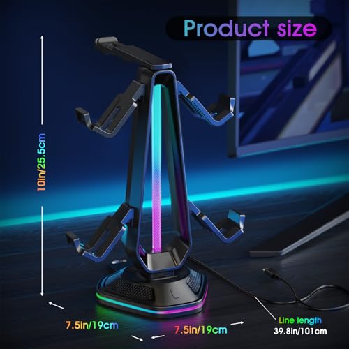 Luckit Gaming Headphones Stand, RGB Headset Stand with 12 Light Modes, Controller Holder with 2 USB Charging Ports - Supports Data Transfer, Earphone Hanger Accessories for Desktop Gamer