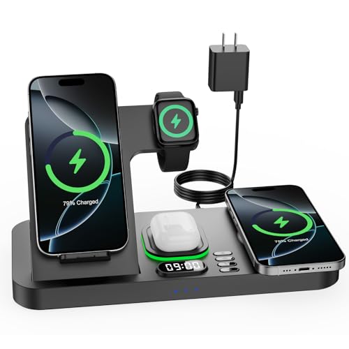 Dual Phone Wireless Charging Station for Apple Devices, Magnetic Charging Station for iPhone with Auto Switch 7-Color Light&Clock, Family Watch Charger for iPhone17 for iWatch11 for AirPods Pro3(Black - color: Black