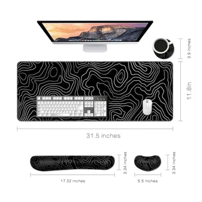 Desk Mat, Large Gaming Mouse Pad with Wrist Rest, 4 in1 XXL Mouse pad+Keyboard Wrist Rest+Mouse Pad Wrist Support+Cup Coaster Set, Ergonomic Desk Pad for Home Office, Topographic Line - color: Topographic Line