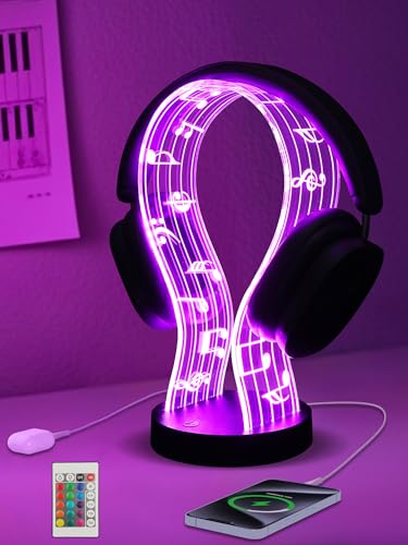 CoolGift Mart Light Up Headphone Stand with 16 Color Lights, Music Notes Pattern Acrylic Headset Stand with 1 USB and 1 Type-C Charging Ports, Gifts for Gamers Men and Music Lovers - color: Color-Music