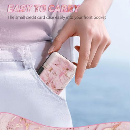 ToLuLu Credit Card Holder, Pink Marble Mini RFID Small Aluminum Card Wallet | Blocking Slim Metal Business Card Case, RFID Blocking Front Pocket Wallet Hard Case Durable CC Holder for Women Girl - color: Pink Marble