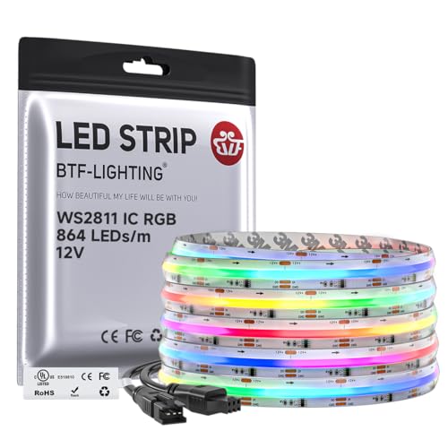 BTF-LIGHTING IP66 RGB WS2811 Smart IC FCOB COB LED Strip, UL Listed 864LEDs/m High Density Color Chasing Uniform Light, DC12V 16.4FT 12mm Width Tape Light for Home DIY Decor(No Adapter or Controller) - color: DC12V IP66, size: 16.4FT 864LED/m