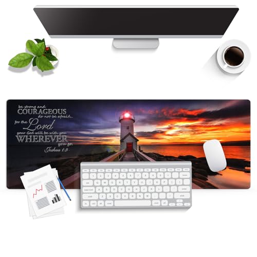 Be Strong and Courageous Large Mouse Pad, Lighthouse Sunset Ocean Desk Mat | Keyboard Mat Stitched, 31.5" x 11.8", Joshua 1:9, Christian Bible Verse Scripture, Inspirational Religious Quote, Beach - color: Vibrant Design J10K