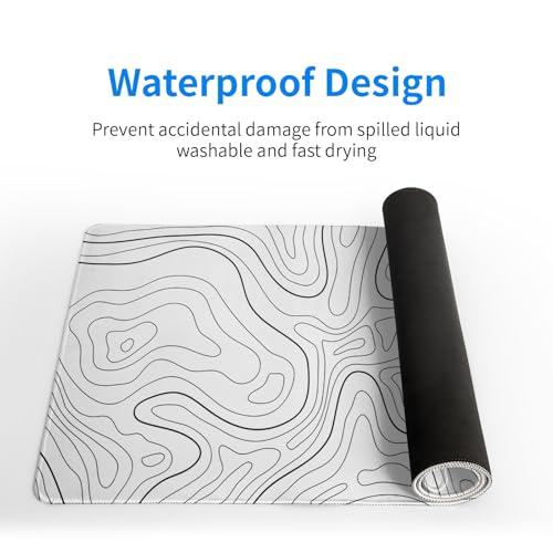 Topographic Contour White Gaming Mouse Pad XL Geographic Map Lines Extended Big Large Desk Mat Non-Slip Rubber Base Stitched Edge Long Keyboard Mousepad for PC Computer Laptop,31.5x11.8 Inch - color: White Topographic Contour
