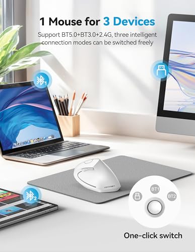 TECKNET Ergonomic Mouse Wireless, Rechargeable Vertical Mice Right Hand | Bluetooth+2.4GHz USB, Multi Device, 4800 DPI Adjustable, Optical Carpal Tunnel Mouse for Laptop, PC, Computer, MacBook, White - color: White