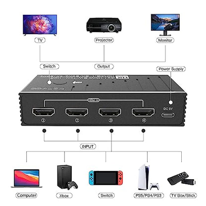 HDMI Switch 4 in 1 Out 8K 120Hz 4K HDMI 2.1 Switcher/Splitter 4 in 1 Out with Remote, 4 Port Hub for Gaming PS5 Xbox TV Monitor - Ultra HD HDR 1080P 3D