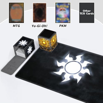 BVDIKMI Card Deck Box for MTG, Card Storage Box Fits 100+ Single Sleeved Cards, PU Leather Strong Magnet Card Deck Case Holder for Magic Commander TCG CCG, Black Sun - color: Black Sun