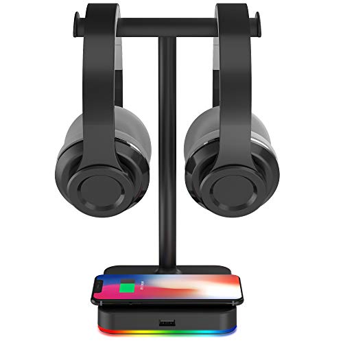 KAFRI RGB Dual Headphone Stand with Wireless Charger Desk Gaming Double Headset Holder Hanger Rack with 10W/7.5W QI Charging Pad and QC 3.0 USB Port - Suitable for Gamer Desktop Table Game Earphone - color: Black- Dual