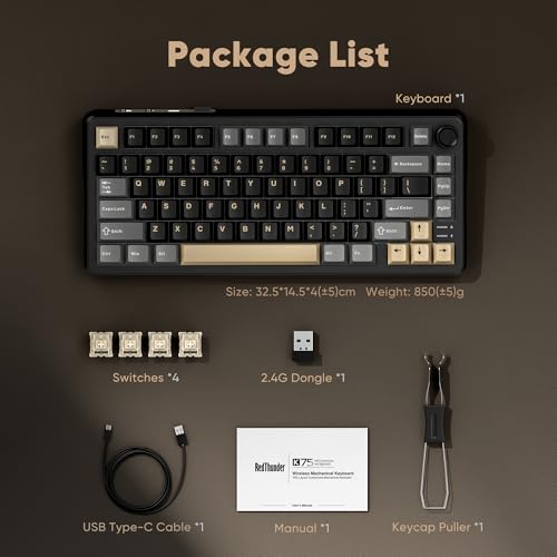 RedThunder K75 Wireless Mechanical Keyboard, CNC Knob, Tri-Mode BT5.0/2.4GHz/USB-C Hot Swappable Custom, Pre-lubed Linear Coconut Switches, Gasket Structure, RGB Gaming Keyboard, Black-Gold - color: Black Gold