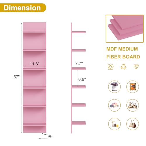 Qupui 6-Tier Wall Shelf with RGB LED, 57" Floating Storage, Pink | RGB 16 Million Colors, 22 Modes, 6 Brightness. Waterproof Particleboard. Each Tier Holds 10 Lbs. Wall-mounted. For Bedroom - color: Pink
