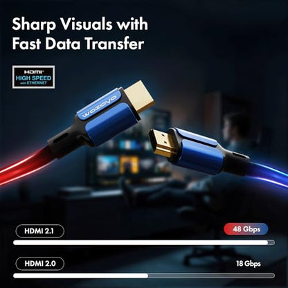 HDMI Cable V2.1 with Ethernet, Wozoyo 8k@60Hz, 4K@120Hz UHD Resolution, 16.5 Feet, 48 Gbps transmission Ultra high Speed, HDR/HDR10/Dolby Vision,Dolby Atmos and DTS:X, Compatible with all HDMI Devices - color: Blue, size: 16.5 Feet