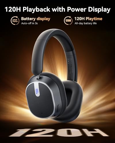 Hybrid Active Noise Cancelling Headphones, 120H Playtime Bluetooth Over Ear Headphones, Bluetooth 6.0 Wireless Headset with Display, 6 ENC Mic, Hi-Res Audio, Transparency Mode for Travel Game Black