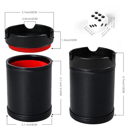 Dice Cup Leather Set with Lid, Felt-Lined PU Leather Quiet Shaker for Yahtzee Farkle Dice Board Games, Set of Six 16mm Dice Included