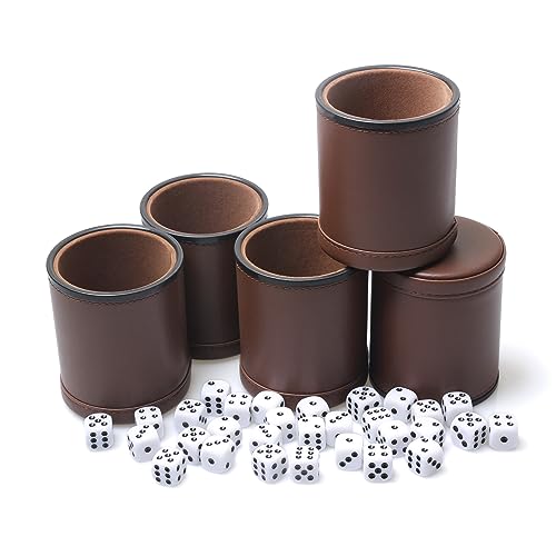 5 Pack PU Leather Dice Cups Velvet Felt-Lined Shaker Cups with 25 Dot Dice for Bar Party Yahtzee Farkle Dice Games, Brown - color: Brown