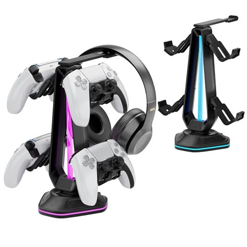 Saitake RGB Controller Holder with 9 Light Modes,Controller Stand with 2 USB Ports,Headset Stand for Desk-Headphone Holder Suitable for Xbox PS4 5 Switch Controllers Gaming Room Deco - color: Black